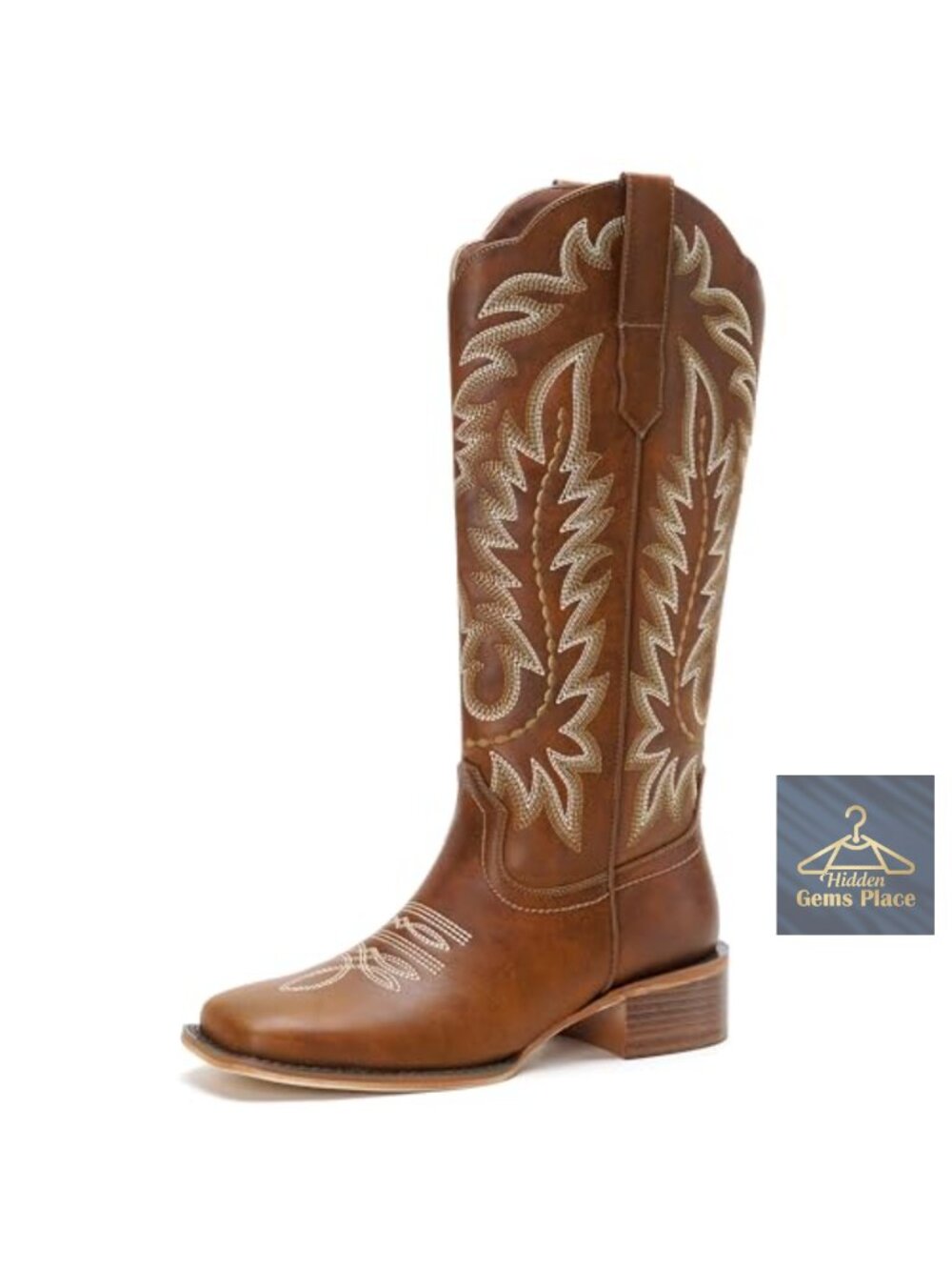 Knee High Cowgirl Boots Embroidered Pointed Toe Chunky Block Heel Faux Leather